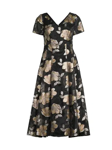Shani Women's Jacquard Organza V-Neck Midi-Dress - Black Gold - Size 16 | Thumbnail 1 Shani Women's Jacquard Organza V-Neck Midi-Dress - Black Gold - Size 16 | Thumbnail 1