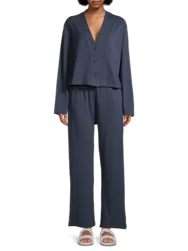 Lunya Women's Slumberknit Long Sleeve Shirt & Pants Pajama Set - Deep Blue | Thumbnail 2 Lunya Women's Slumberknit Long Sleeve Shirt & Pants Pajama Set - Deep Blue | Thumbnail 2
