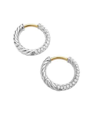 David Yurman Women's Petite Pavé Huggie Hoop Earrings in Sterling Silver with Diamonds, 14mm - Diamond | Thumbnail 4 David Yurman Women's Petite Pavé Huggie Hoop Earrings in Sterling Silver with Diamonds, 14mm - Diamond | Thumbnail 4