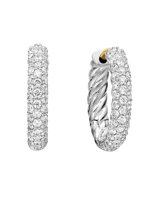 Women's Petite Pavé Huggie Hoop Earrings in Sterling Silver with Diamonds, 14mm - Diamond Women's Petite Pavé Huggie Hoop Earrings in Sterling Silver with Diamonds, 14mm - Diamond