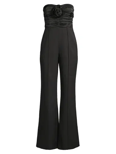 Milly Women's Saoirse Ruched Cady Flared Jumpsuit - Black | Thumbnail 1 Milly Women's Saoirse Ruched Cady Flared Jumpsuit - Black | Thumbnail 1