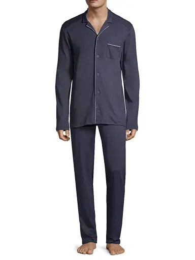 Hanro Men's Basic Piped 2-Piece Long Pajama Set - Deep Navy | Thumbnail 2 Hanro Men's Basic Piped 2-Piece Long Pajama Set - Deep Navy | Thumbnail 2