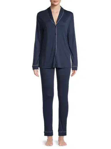 Hanro Women's Natural Comfort 2-Piece Long Pajama Set - Deep Navy - Size Large | Thumbnail 2 Hanro Women's Natural Comfort 2-Piece Long Pajama Set - Deep Navy - Size Large | Thumbnail 2