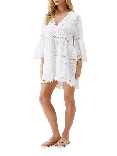 Melissa Odabash Women's Victoria Broderie Anglaise Tiered Minidress - White | Thumbnail 2 Melissa Odabash Women's Victoria Broderie Anglaise Tiered Minidress - White | Thumbnail 2