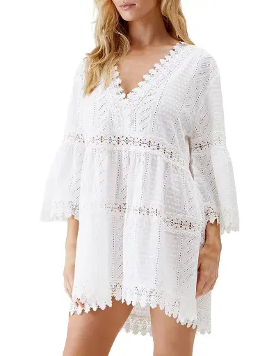 Melissa Odabash Women's Victoria Broderie Anglaise Tiered Minidress - White | Thumbnail 3 Melissa Odabash Women's Victoria Broderie Anglaise Tiered Minidress - White | Thumbnail 3