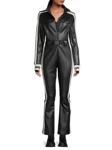 Perfect Moment Women's Crystal Belted Stripe Faux Leather Ski Suit - Black | Thumbnail 2 Perfect Moment Women's Crystal Belted Stripe Faux Leather Ski Suit - Black | Thumbnail 2