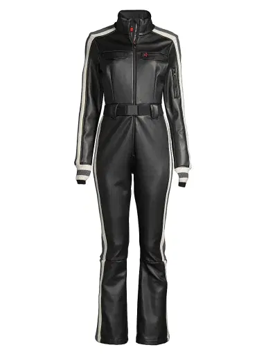 Perfect Moment Women's Crystal Belted Stripe Faux Leather Ski Suit - Black | Thumbnail 1 Perfect Moment Women's Crystal Belted Stripe Faux Leather Ski Suit - Black | Thumbnail 1