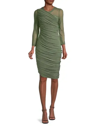 Norma Kamali Women's Diana Mesh-Sleeve Ruched Midi-Dress - Celadon | Thumbnail 2 Norma Kamali Women's Diana Mesh-Sleeve Ruched Midi-Dress - Celadon | Thumbnail 2