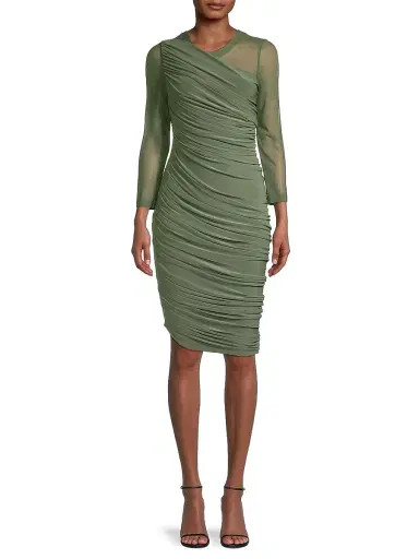Norma Kamali Women's Diana Mesh-Sleeve Ruched Midi-Dress - Celadon | Thumbnail 3 Norma Kamali Women's Diana Mesh-Sleeve Ruched Midi-Dress - Celadon | Thumbnail 3