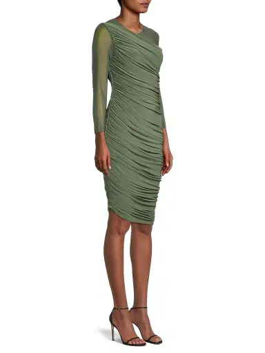 Norma Kamali Women's Diana Mesh-Sleeve Ruched Midi-Dress - Celadon | Thumbnail 4 Norma Kamali Women's Diana Mesh-Sleeve Ruched Midi-Dress - Celadon | Thumbnail 4
