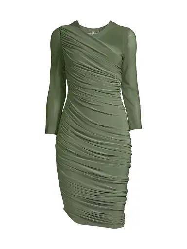Norma Kamali Women's Diana Mesh-Sleeve Ruched Midi-Dress - Celadon | Thumbnail 1 Norma Kamali Women's Diana Mesh-Sleeve Ruched Midi-Dress - Celadon | Thumbnail 1