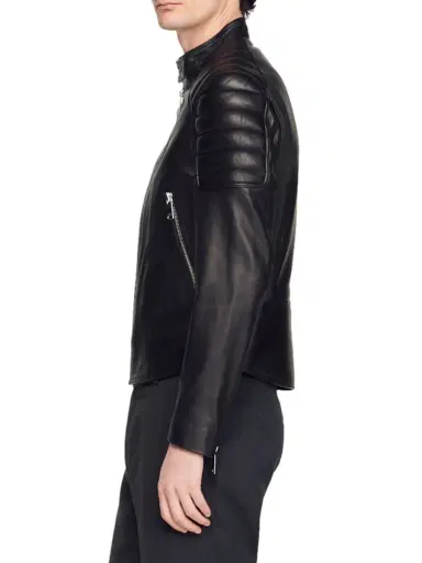 Sandro Men's Leather Jacket With Quilted Trims - Black | Thumbnail 2 Sandro Men's Leather Jacket With Quilted Trims - Black | Thumbnail 2