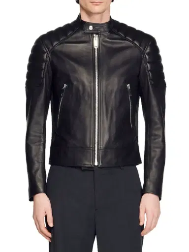 Sandro Men's Leather Jacket With Quilted Trims - Black | Thumbnail 4 Sandro Men's Leather Jacket With Quilted Trims - Black | Thumbnail 4