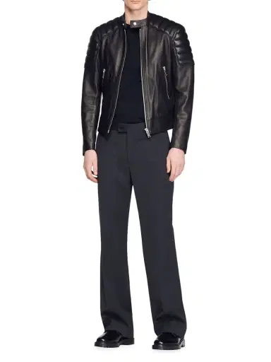 Sandro Men's Leather Jacket With Quilted Trims - Black | Thumbnail 5 Sandro Men's Leather Jacket With Quilted Trims - Black | Thumbnail 5