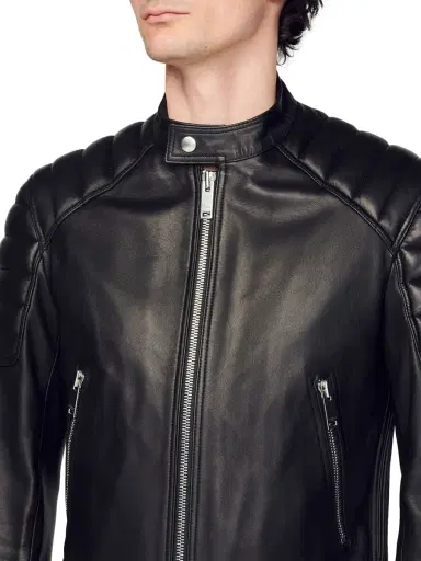 Sandro Men's Leather Jacket With Quilted Trims - Black | Thumbnail 6 Sandro Men's Leather Jacket With Quilted Trims - Black | Thumbnail 6