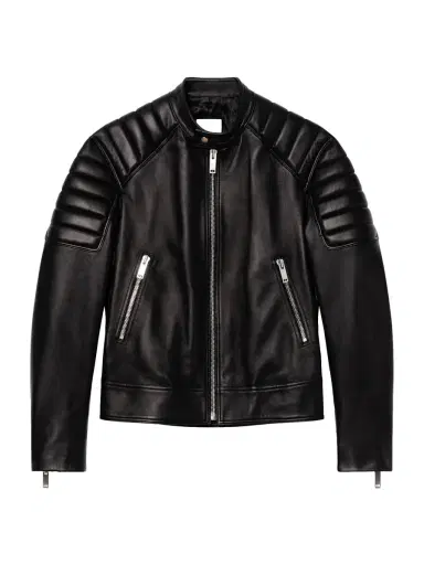 Sandro Men's Leather Jacket With Quilted Trims - Black | Thumbnail 7 Sandro Men's Leather Jacket With Quilted Trims - Black | Thumbnail 7