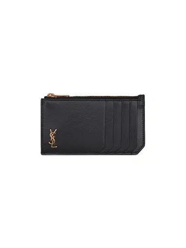 Saint Laurent Men's Tiny Monogram Zipped Fragments Credit Card Case In Grained Leather - Black | Thumbnail 1 Saint Laurent Men's Tiny Monogram Zipped Fragments Credit Card Case In Grained Leather - Black | Thumbnail 1