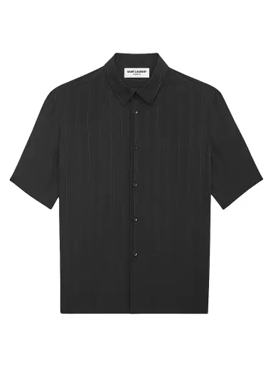 Saint Laurent Men's Shirt in Matte and Shiny Cassandre Striped Silk - Black | Thumbnail 1 Saint Laurent Men's Shirt in Matte and Shiny Cassandre Striped Silk - Black | Thumbnail 1