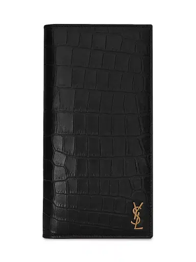 Saint Laurent Men's Tiny Cassandre Continental Wallet In Crocodile Embossed Matte Leather - Black | Thumbnail 1 Saint Laurent Men's Tiny Cassandre Continental Wallet In Crocodile Embossed Matte Leather - Black | Thumbnail 1