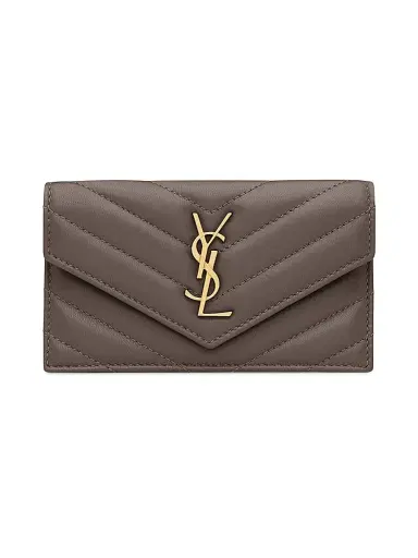 Saint Laurent Women's Cassandre Matelasse Fragments Flap Card Case in Quilted Lambskin - Urban Grey | Thumbnail 1 Saint Laurent Women's Cassandre Matelasse Fragments Flap Card Case in Quilted Lambskin - Urban Grey | Thumbnail 1