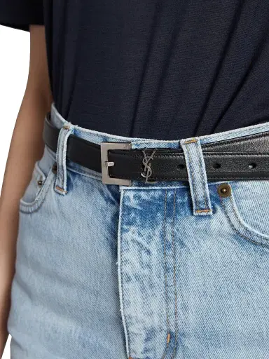 Saint Laurent Women's Cassandre Thin Belt with Square Buckle in Smooth Leather - Black | Thumbnail 2 Saint Laurent Women's Cassandre Thin Belt with Square Buckle in Smooth Leather - Black | Thumbnail 2