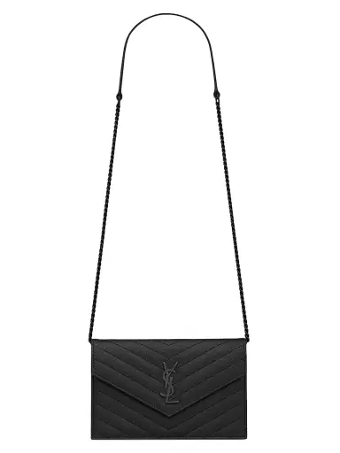 Saint Laurent Women's Cassandre Envelope Chain Wallet in Grain De Poudre Leather - Noir | Thumbnail 1 Saint Laurent Women's Cassandre Envelope Chain Wallet in Grain De Poudre Leather - Noir | Thumbnail 1