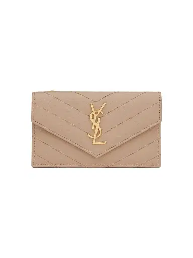 Saint Laurent Women's Cassandre Matelassé Fragments Flap Card Case in Grain de Poudre Embossed Leather - Dark Beige | Thumbnail 1 Saint Laurent Women's Cassandre Matelassé Fragments Flap Card Case in Grain de Poudre Embossed Leather - Dark Beige | Thumbnail 1