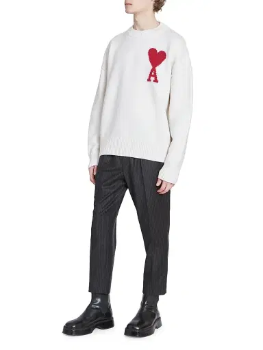 AMI Paris Men's Embroidered Wool Sweater - Ecru Red | Thumbnail 2 AMI Paris Men's Embroidered Wool Sweater - Ecru Red | Thumbnail 2