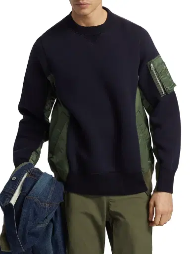 Sacai Men's Sponge Sweat Mixed-Media Twill Sweater - Navy Khaki - Size Medium | Thumbnail 3 Sacai Men's Sponge Sweat Mixed-Media Twill Sweater - Navy Khaki - Size Medium | Thumbnail 3