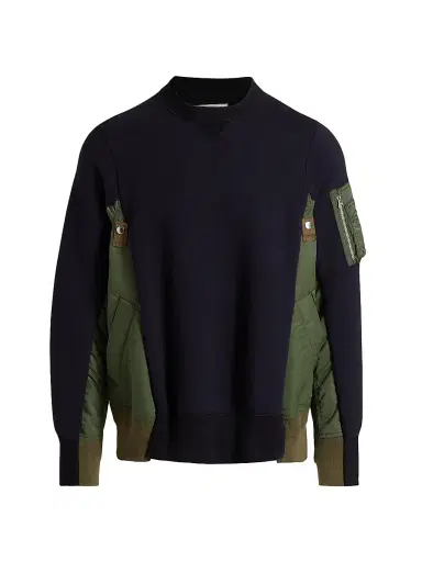 Sacai Men's Sponge Sweat Mixed-Media Twill Sweater - Navy Khaki - Size Medium | Thumbnail 1 Sacai Men's Sponge Sweat Mixed-Media Twill Sweater - Navy Khaki - Size Medium | Thumbnail 1