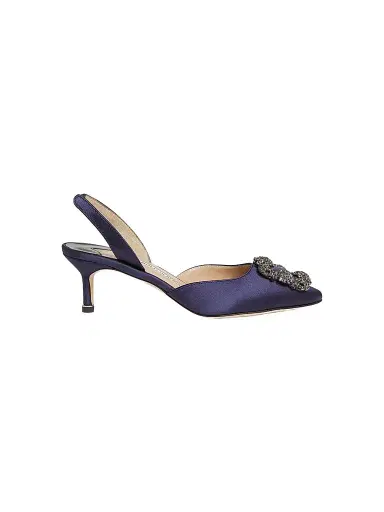 Manolo Blahnik Women's Hangisli 50MM Jewel Buckle Satin Pumps - Navy - Size 7 | Thumbnail 1 Manolo Blahnik Women's Hangisli 50MM Jewel Buckle Satin Pumps - Navy - Size 7 | Thumbnail 1