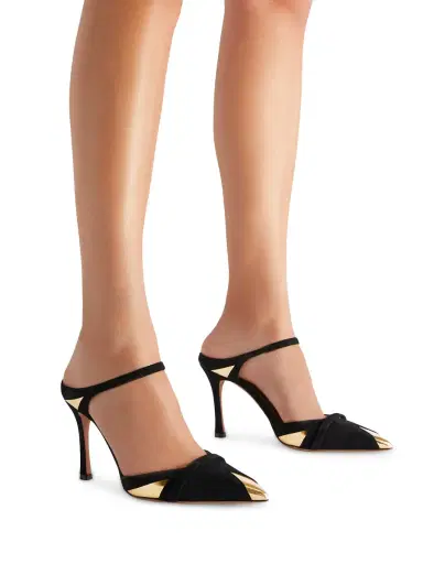 Malone Souliers Women's Uma 90MM Suede Mules - Black Gold | Thumbnail 4 Malone Souliers Women's Uma 90MM Suede Mules - Black Gold | Thumbnail 4