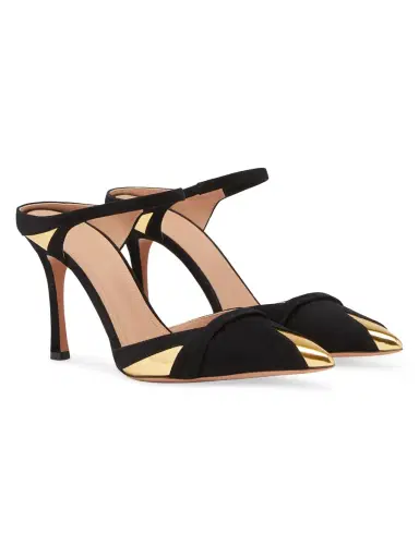 Malone Souliers Women's Uma 90MM Suede Mules - Black Gold | Thumbnail 1 Malone Souliers Women's Uma 90MM Suede Mules - Black Gold | Thumbnail 1