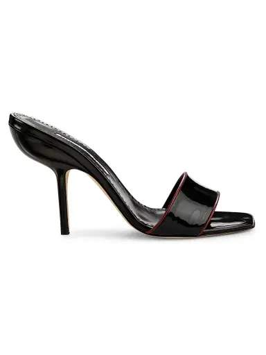 Manolo Blahnik Women's Helamu Patent Leather Open-Toe Mules - Black And Red | Thumbnail 1 Manolo Blahnik Women's Helamu Patent Leather Open-Toe Mules - Black And Red | Thumbnail 1