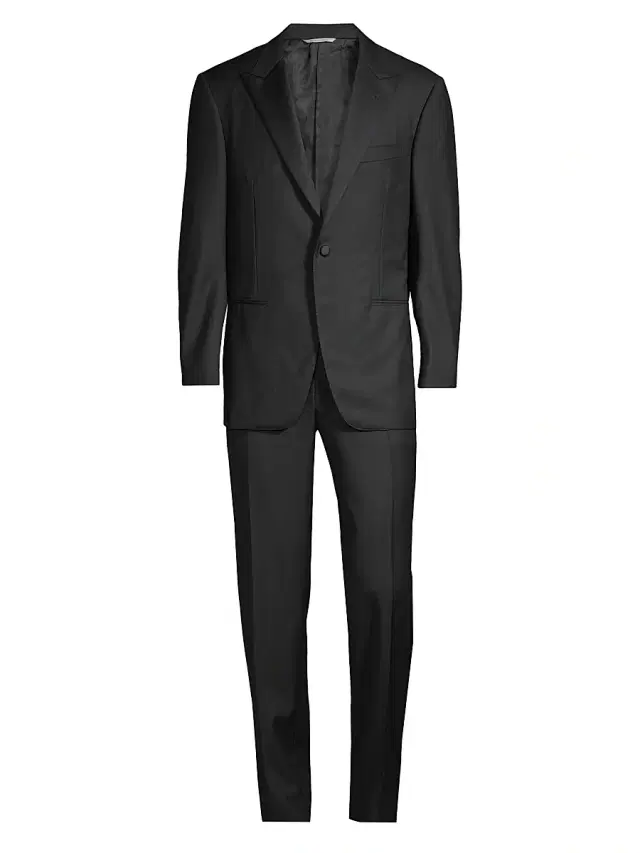 Men's One-Button Peak Lapel Wool Suit - Black Men's One-Button Peak Lapel Wool Suit - Black