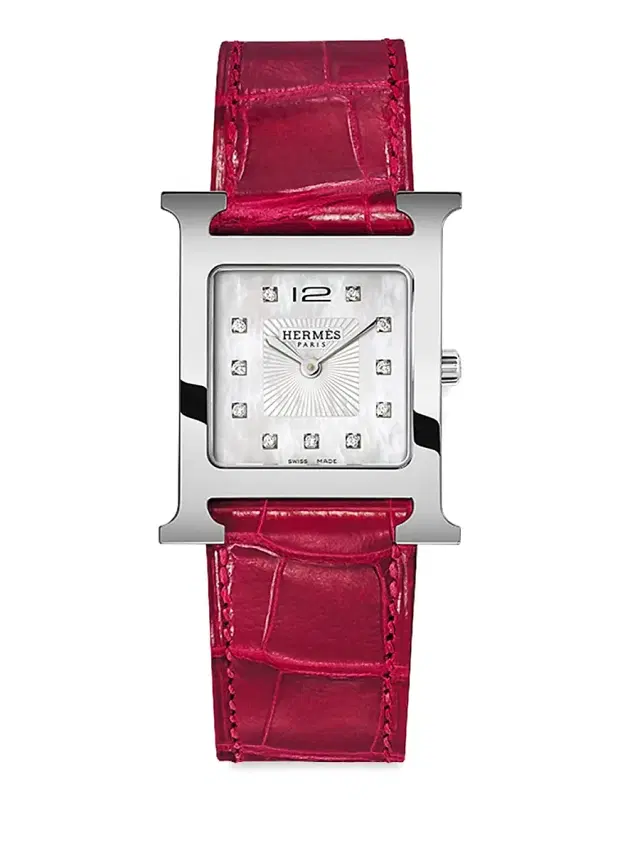 Women's Heure H Diamond, Stainless Steel & Alligator Strap Watch/23MM - Red Women's Heure H Diamond, Stainless Steel & Alligator Strap Watch/23MM - Red