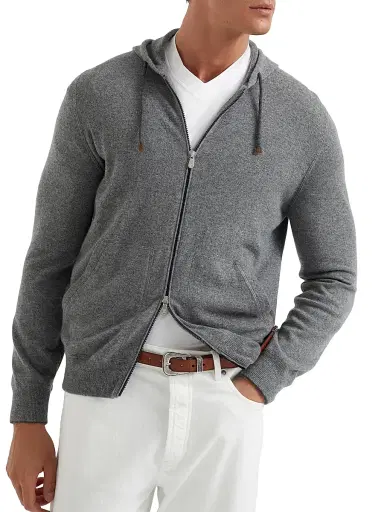Brunello Cucinelli Men's Cashmere Sweatshirt Style Cardigan with Hood - Black | Thumbnail 2 Brunello Cucinelli Men's Cashmere Sweatshirt Style Cardigan with Hood - Black | Thumbnail 2