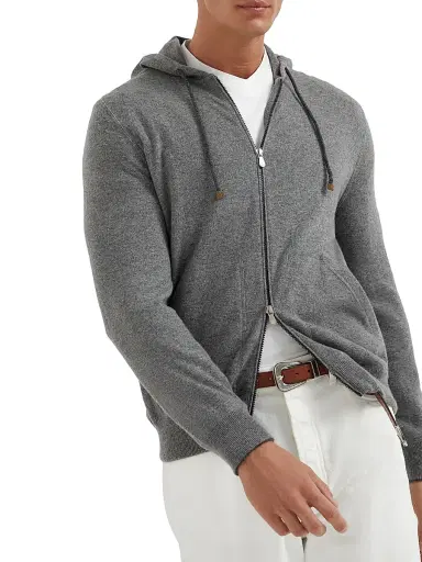 Brunello Cucinelli Men's Cashmere Sweatshirt Style Cardigan with Hood - Black | Thumbnail 4 Brunello Cucinelli Men's Cashmere Sweatshirt Style Cardigan with Hood - Black | Thumbnail 4