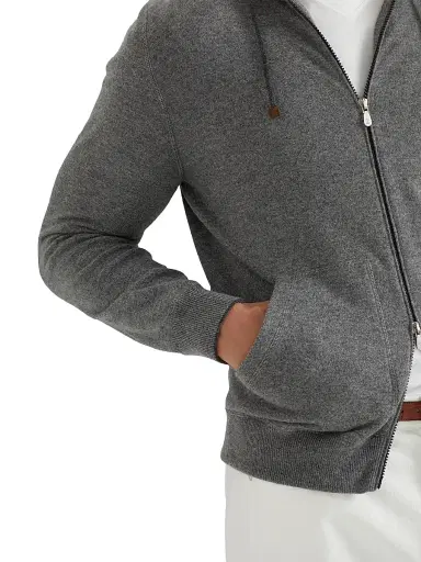 Brunello Cucinelli Men's Cashmere Sweatshirt Style Cardigan with Hood - Black | Thumbnail 5 Brunello Cucinelli Men's Cashmere Sweatshirt Style Cardigan with Hood - Black | Thumbnail 5