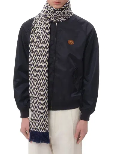 Valentino Garavani Men's Toute La V Knitted Wool Scarf - Ivory Navy | Thumbnail 4 Valentino Garavani Men's Toute La V Knitted Wool Scarf - Ivory Navy | Thumbnail 4