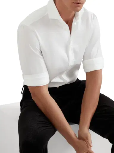 Brunello Cucinelli Men's Twill Basic Fit Shirt - White | Thumbnail 4 Brunello Cucinelli Men's Twill Basic Fit Shirt - White | Thumbnail 4