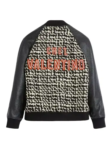 Valentino Garavani Men's Wool Tweed Bomber Jacket with Chez Valentino Patch - Black | Thumbnail 1 Valentino Garavani Men's Wool Tweed Bomber Jacket with Chez Valentino Patch - Black | Thumbnail 1