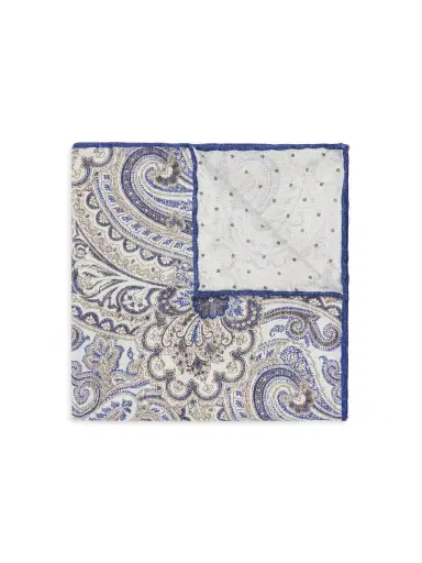Brunello Cucinelli Men's Double Face Silk Pocket Square with Paisley Design - Sky Blue | Thumbnail 4 Brunello Cucinelli Men's Double Face Silk Pocket Square with Paisley Design - Sky Blue | Thumbnail 4