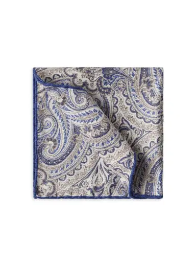 Brunello Cucinelli Men's Double Face Silk Pocket Square with Paisley Design - Sky Blue | Thumbnail 1 Brunello Cucinelli Men's Double Face Silk Pocket Square with Paisley Design - Sky Blue | Thumbnail 1