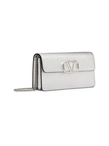 Valentino Garavani Women's VLogo Signature Metallic Grainy Calfskin Wallet with Chain - Silver | Thumbnail 3 Valentino Garavani Women's VLogo Signature Metallic Grainy Calfskin Wallet with Chain - Silver | Thumbnail 3