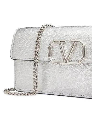 Valentino Garavani Women's VLogo Signature Metallic Grainy Calfskin Wallet with Chain - Silver | Thumbnail 8 Valentino Garavani Women's VLogo Signature Metallic Grainy Calfskin Wallet with Chain - Silver | Thumbnail 8