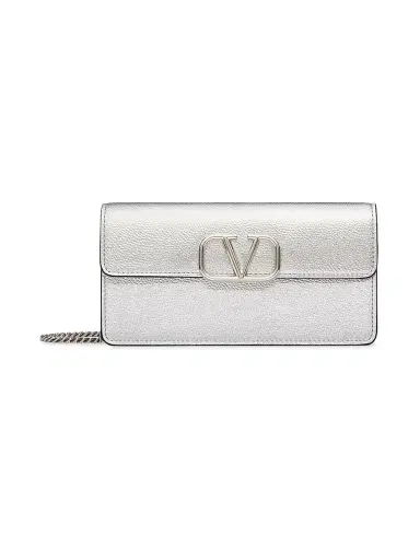 Valentino Garavani Women's VLogo Signature Metallic Grainy Calfskin Wallet with Chain - Silver | Thumbnail 1 Valentino Garavani Women's VLogo Signature Metallic Grainy Calfskin Wallet with Chain - Silver | Thumbnail 1