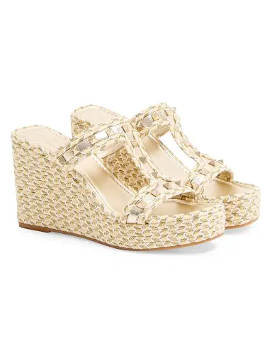 Valentino Garavani Women's Rockstud Laminated Nappa Wedge Sandals 90MM - Platinum | Thumbnail 2 Valentino Garavani Women's Rockstud Laminated Nappa Wedge Sandals 90MM - Platinum | Thumbnail 2