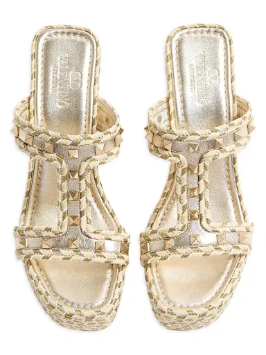 Valentino Garavani Women's Rockstud Laminated Nappa Wedge Sandals 90MM - Platinum | Thumbnail 4 Valentino Garavani Women's Rockstud Laminated Nappa Wedge Sandals 90MM - Platinum | Thumbnail 4