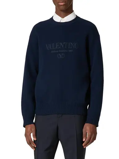 Valentino Garavani Men's Crewneck Wool Sweater with Embroidery - Navy | Thumbnail 2 Valentino Garavani Men's Crewneck Wool Sweater with Embroidery - Navy | Thumbnail 2